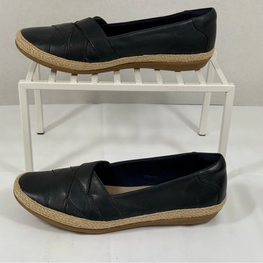 Clarks Collection Slip On Flats Shoes‎ 8M Dark Navy Leather Espadrille Comfy